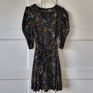 Karl Lagerfeld Paris Puff Sleeve Celestial Print Dress Waist Tie Size 2